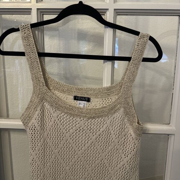 Venus Cream Gold Sleeveless Crochet Knit Sweater Dress Lace Detail Womens Medium - Picture 2 of 13